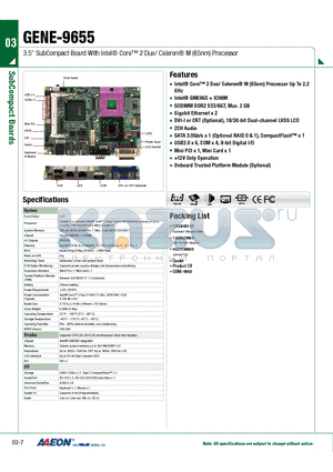 TF-GENE-9655-A10 datasheet - 3.5 SubCompact Board With Intel Core 2 Duo/ Celeron M (65nm) Processor