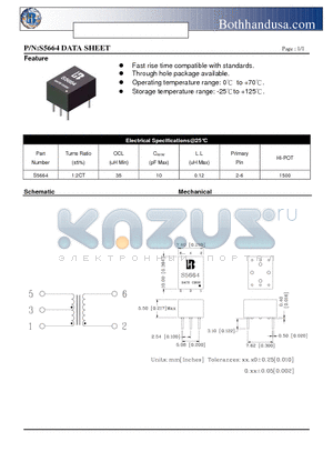 S5664 datasheet - T3/DS3/E3/STS-1 TRANSFORMER