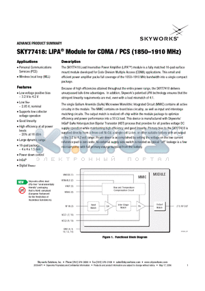 SKY77418 datasheet - LIPA Module for CDMA / PCS (1850-1910 MHz)