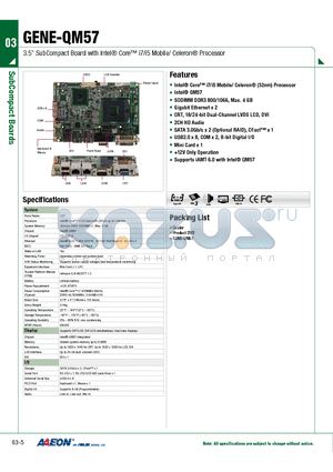 TF-GENE-QM57-A10-01 datasheet - 3.5 SubCompact Board with Intel Core i7/i5 Mobile/ Celeron Processor