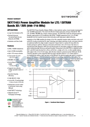 SKY77453 datasheet - Power Amplifier Module for LTE / EUTRAN Bands XII / XVII