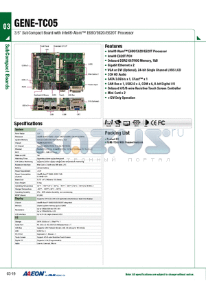 TF-GENE-TC05-A10-01 datasheet - 3.5 SubCompact Board with Intel Atom E680/E620/E620T Processor