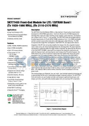 SKY77455 datasheet - Front-End Module for LTE / EUTRAN Band I (Tx 1920-1980 MHz), (Rx 2110-2170 MHz)