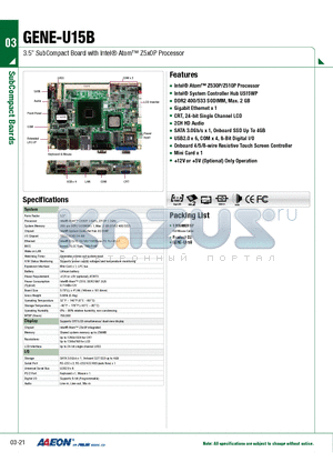 TF-GENE-U15B-A10 datasheet - 3.5 SubCompact Board with Intel Atom Z5x0P Processor