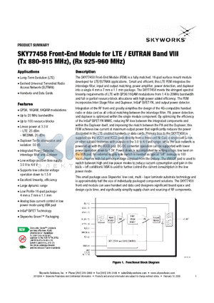 SKY77458 datasheet - Front-End Module for LTE / EUTRAN Band VIII (Tx 880-915 MHz), (Rx 925-960 MHz)