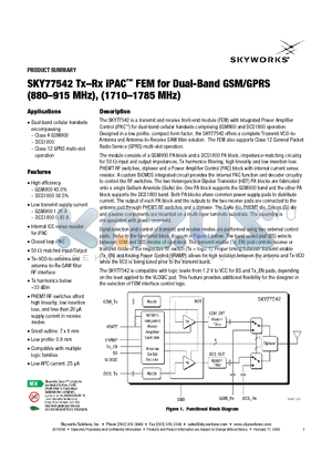 SKY77542 datasheet - Tx - Rx iPAC- FEM for Dual-Band GSM/GPRS (880 - 915 MHz), (1710 - 1785 MHz)