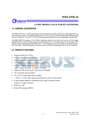 W83L197R-16 datasheet - 2-CHIP 100MHZ CLOCK FOR BX NOTEBOOK