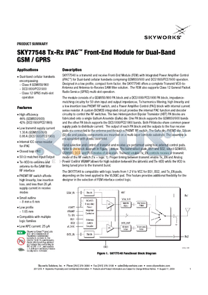 SKY77548 datasheet - Tx-Rx iPAC Front-End Module for Dual-Band GSM / GPRS