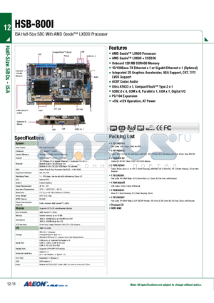 TF-HSB-800I-A10-VE datasheet - ISA Half-Size SBC With AMD Geode LX800 Processor