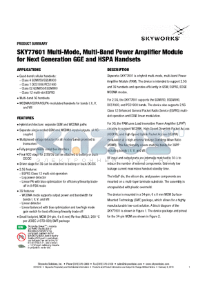 SKY77601 datasheet - Multi-Mode, Multi-Band Power Amplifier Module for Next Generation GGE and HSPA Handsets