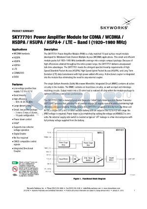 SKY77701 datasheet - Power Amplifier Module for CDMA / WCDMA / HSDPA / HSUPA / HSPA / LTE - Band I (1920-1980 MHz)