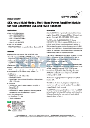 SKY77604 datasheet - Multi-Mode / Multi-Band Power Amplifier Module for Next Generation GGE and HSPA Handsets