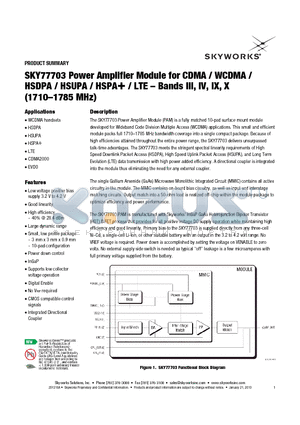 SKY77703 datasheet - Power Amplifier Module for CDMA / WCDMA / HSDPA / HSUPA / HSPA / LTE - Bands III, IV, IX, X (1710-1785 MHz)