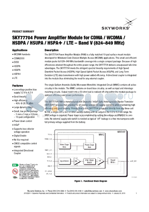 SKY77704 datasheet - Power Amplifier Module for CDMA / WCDMA / HSDPA / HSUPA / HSPA / LTE - Band V (824-849 MHz)