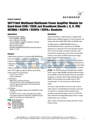 SKY77605 datasheet - Multiband Multimode Power Amplifier Module for Quad-Band GSM / EDGE and Broadband (Bands I, II, V, VIII) WCDMA / HSDPA / HSUPA / HSPA Handsets
