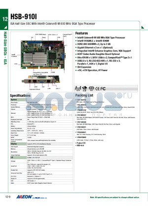 TF-HSB-910I-A10-G2 datasheet - ISA Half-Size SBC With Intel Celeron M 600 MHz BGA Type Processor
