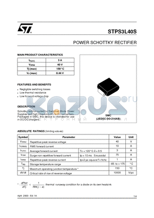 STPS3L40S datasheet - POWER SCHOTTKY RECTIFIER
