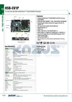 TF-HSB-CV1P-A10-G2-01 datasheet - PCI Half-Size SBC With Intel Atom D2550/N2600 Processor