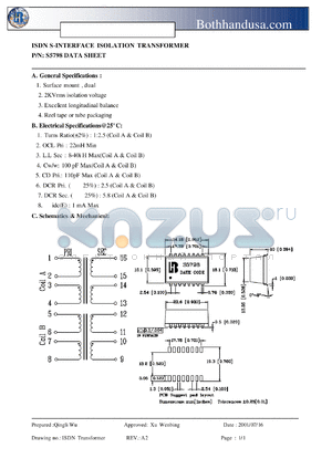 S5798_1 datasheet - ISDN S-INTERFACE ISOLATION TRANSFORMER