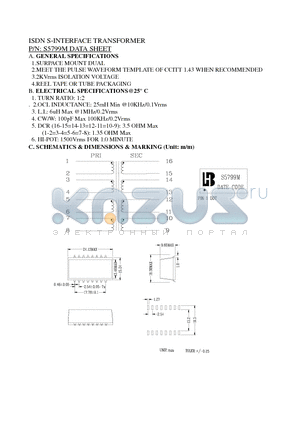 S5799M datasheet - ISDN S-INTERFACE TRANSFORMER