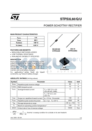 STPS3L60QRL datasheet - POWER SCHOTTKY RECTIFIER