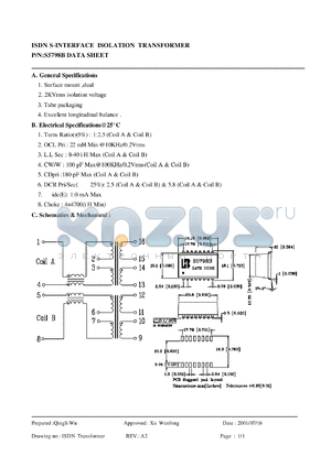 S5798B datasheet - ISDN S-INTERFACE ISOLATION TRANSFORMER