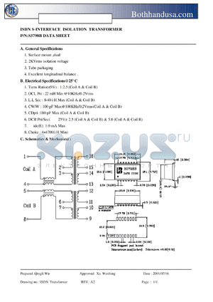 S5798B datasheet - ISDN S-INTERFACE ISOLATION TRANSFORMER