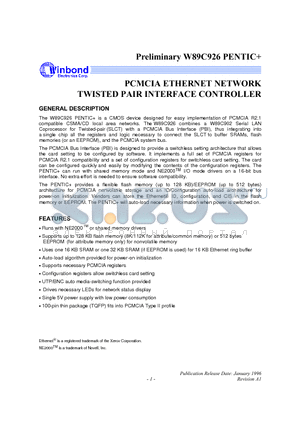 W89C926 datasheet - PCMCIA ETHERNET NETWORK TWISTED PAIR INTERFACE CONTROLLER