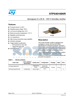 STPS40100HR datasheet - Aerospace 2 x 20 A - 100 V Schottky rectifier