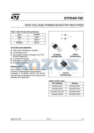 STPS40170CG-TR datasheet - HIGH VOLTAGE POWER SCHOTTKY RECTIFIER