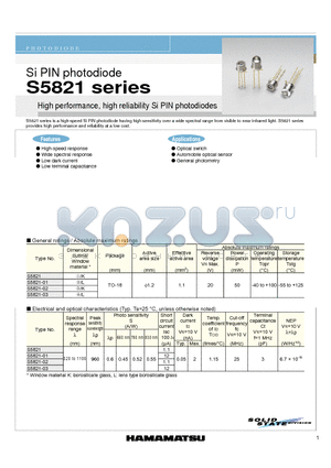 S5821 datasheet - High performance, high reliability Si PIN photodiodes