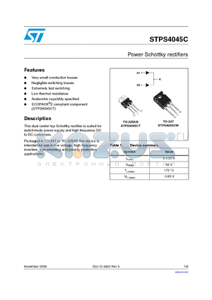 STPS4045C datasheet - Power Schottky rectifiers