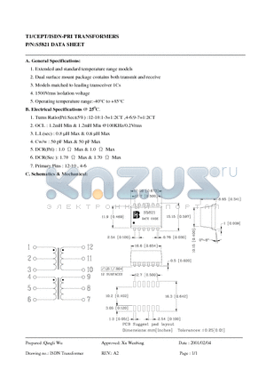 S5821 datasheet - T1/CEPT/ISDN-PRI TRANSFORMERS