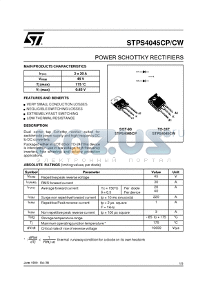 STPS4045CW datasheet - POWER SCHOTTKY RECTIFIERS
