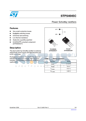 STPS4045CW datasheet - Power Schottky rectifiers