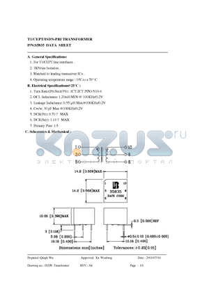 S5835 datasheet - T1/CEPT/ISDN-PRI TRANSFORMER