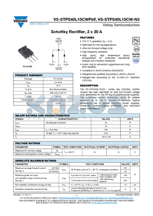 STPS40L15CW-N3 datasheet - Schottky Rectifier, 2 x 20 A