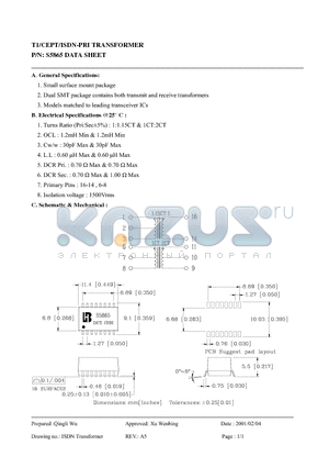 S5865 datasheet - T1/CEPT/ISDN-PRI TRANSFORMER