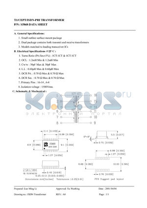 S5868 datasheet - T1/CEPT/ISDN-PRI TRANSFORMER