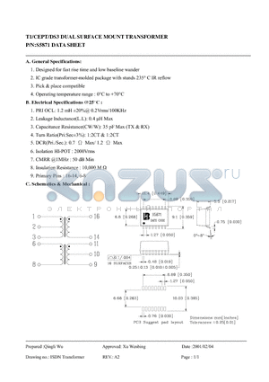 S5871 datasheet - T1/CEPT/DS3 DUAL SURFACE MOUNT TRANSFORMER