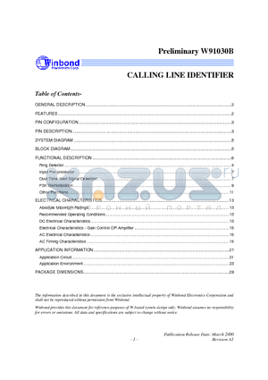 W91030B datasheet - CALLING LINE IDENTIFIER