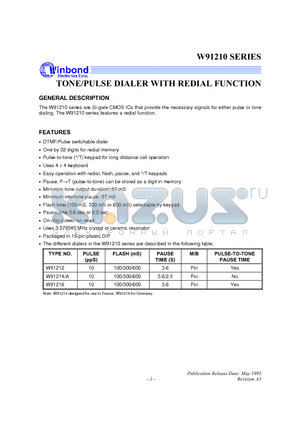 W91212 datasheet - TONE/PULSE DIALER WITH REDIAL FUNCTION