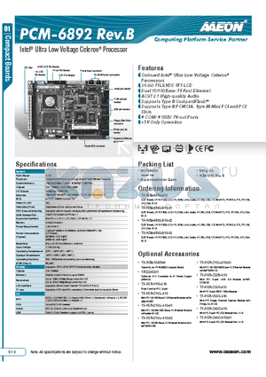 TF-PCM-6892-B10 datasheet - Onboard Intel^ Ultra Low Voltage Celeron^ Processors
