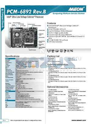 TF-PCM-6892-B10-01 datasheet - Onboard Intel^ Ultra Low Voltage Celeron^ Processors