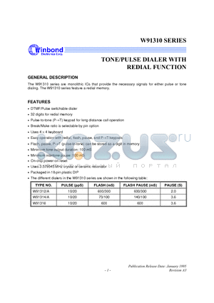 W91310 datasheet - TONE/PULSE DIALER WITH REDIAL FUNCTION