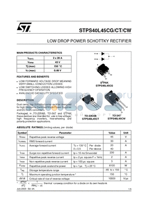 STPS40L45CW datasheet - LOW DROP POWER SCHOTTKY RECTIFIER