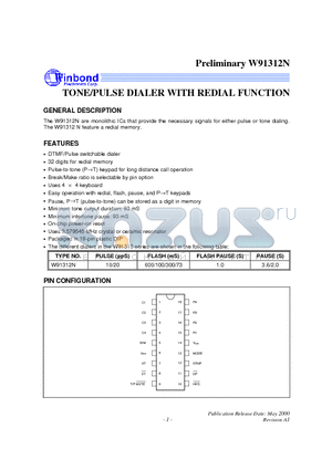 W91312N datasheet - TONE/PULSE DIALER WITH REDIAL FUNCTION