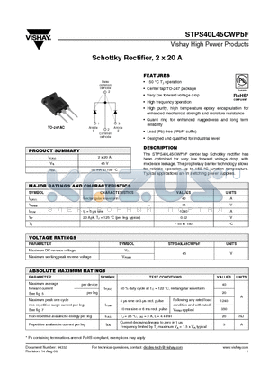 STPS40L45CWPBF datasheet - Schottky Rectifier, 2 x 20 A