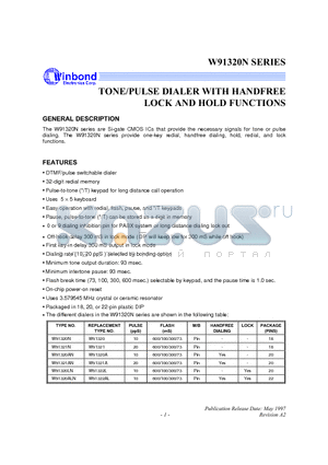 W91320 datasheet - TONE/PULSE DIALER WITH HANDFREE LOCK AND HOLD FUNCTION