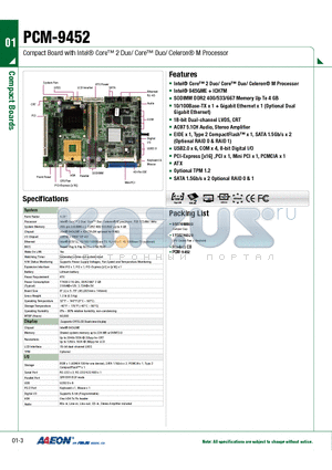TF-PCM-9452-A10 datasheet - Compact Board with Intel Core 2 Duo/ Core Duo/ Celeron M Processor
